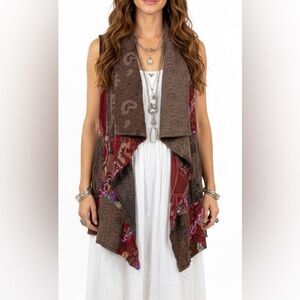 Anu Bohemian Brown Patchwork Draped Sleeveless Boho Vest Cardigan Size Medium